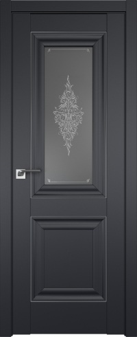 Межкомнатная дверь ProfilDoors 28U Цвет:Чёрный матовый, Остекление:Кристалл графит, Молдинг:Серебро